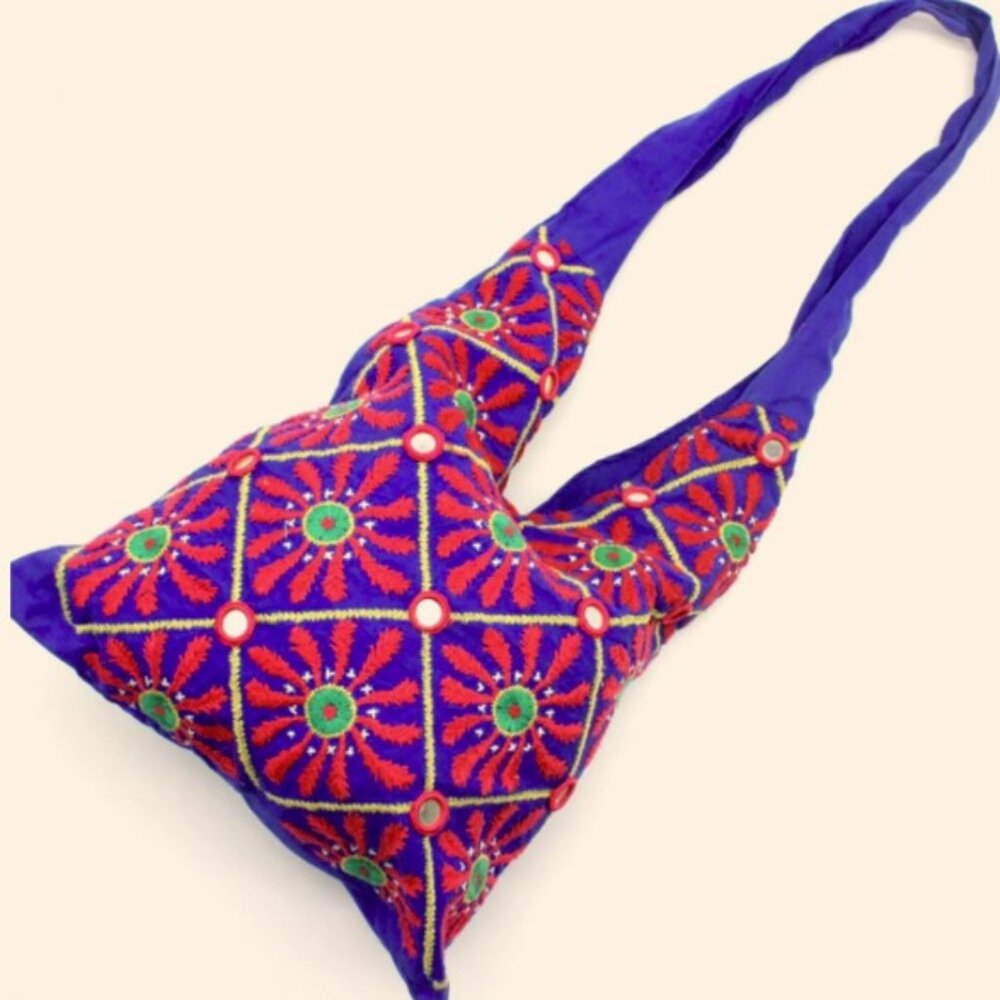 Vintage Embroidered Boho Shoulder Bag with Mirror Accents